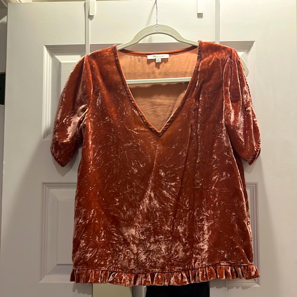 Madewell Velvet Tulip Slit Open Sleeves Ruffle Trim Top pink V-Neck Size XS